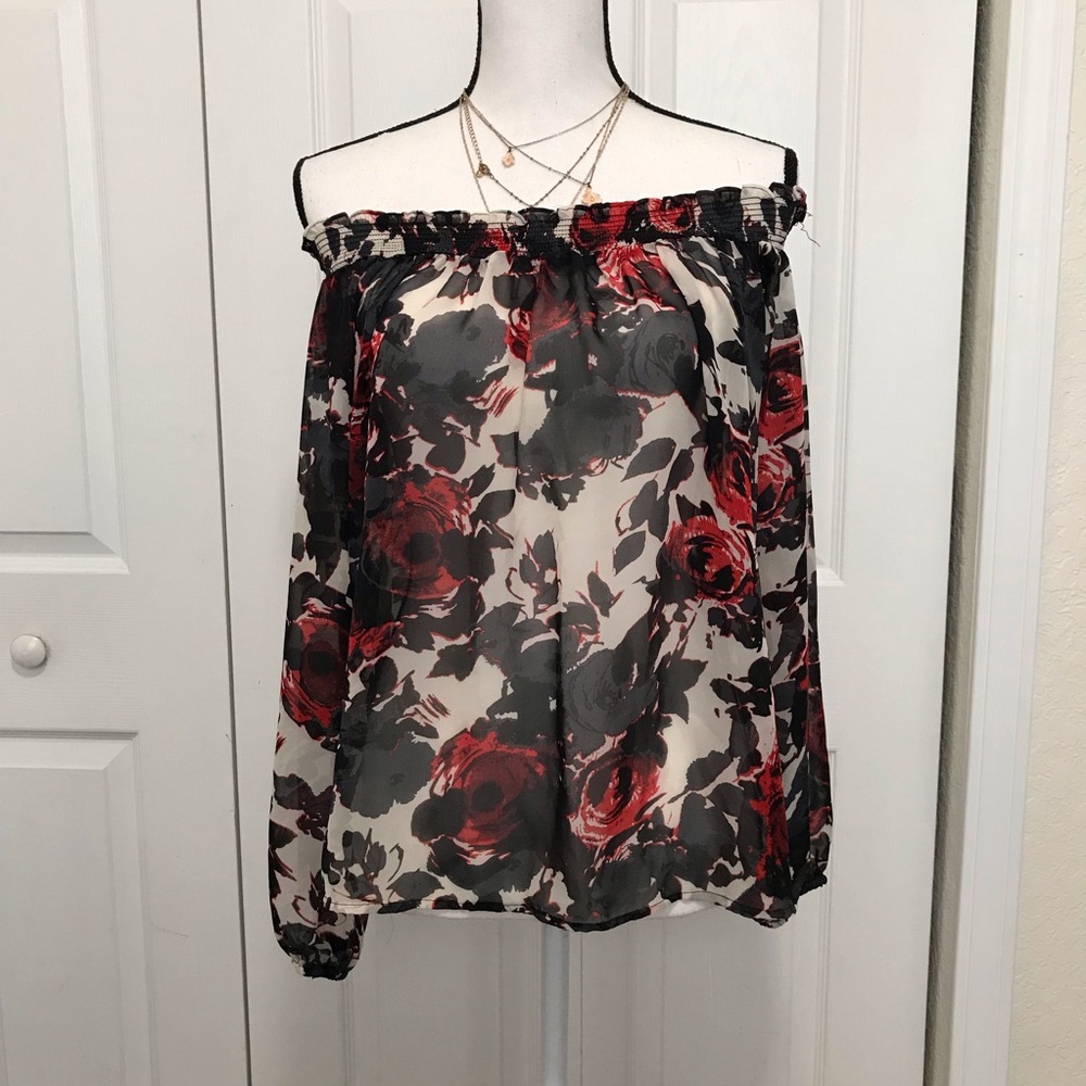 i jeans by Buffalo Vintage Y2K Whimsigoth Sheer Floral Off-Shoulder Peasant Top